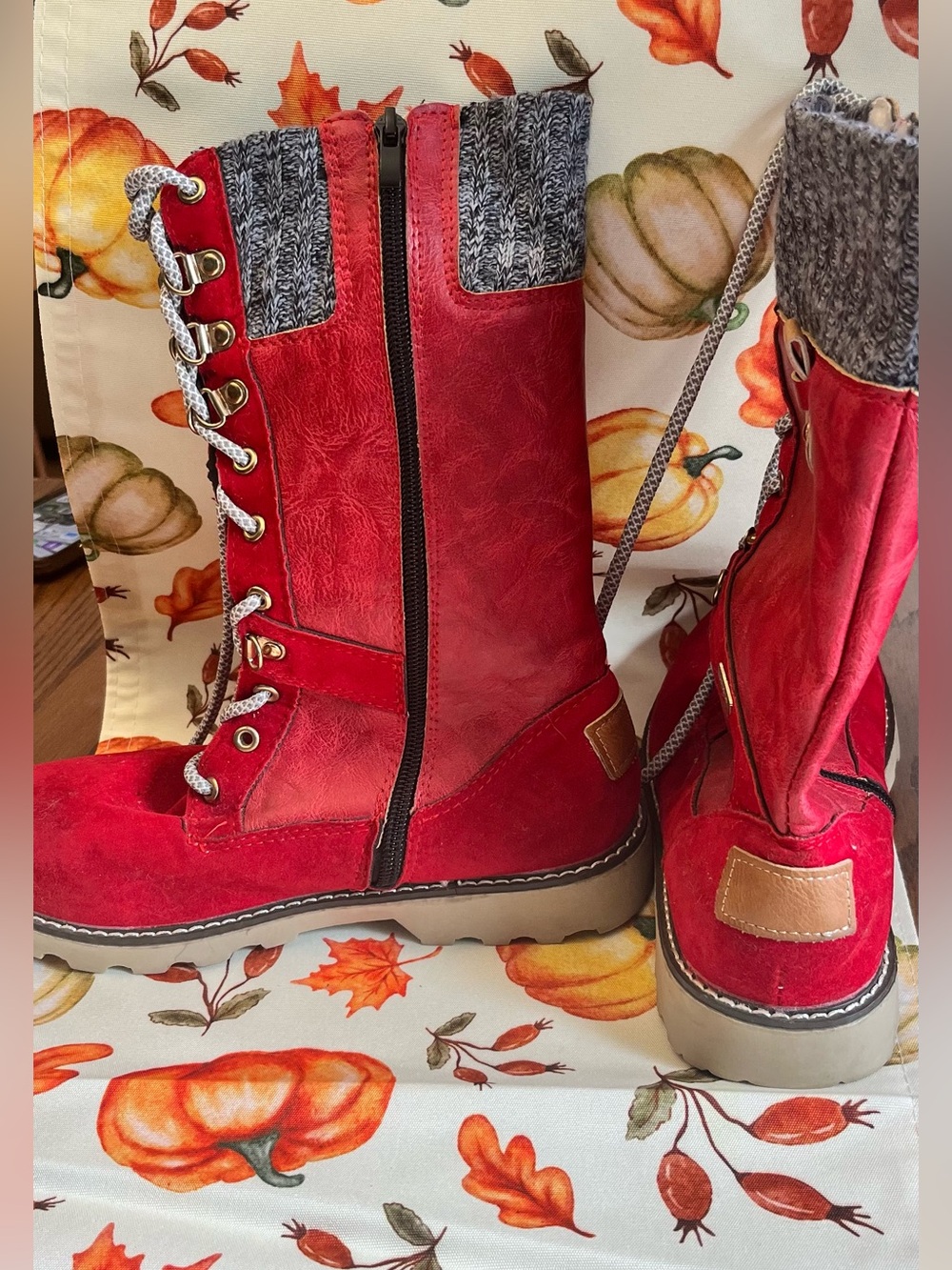 Women's Red Lace-Up Boots with Knit Cuff